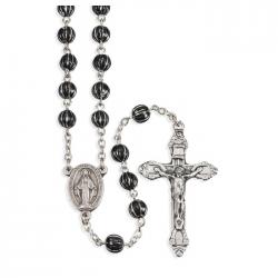  BLACK ENGRAVED METAL AND ROUND BEAD ROSARY 